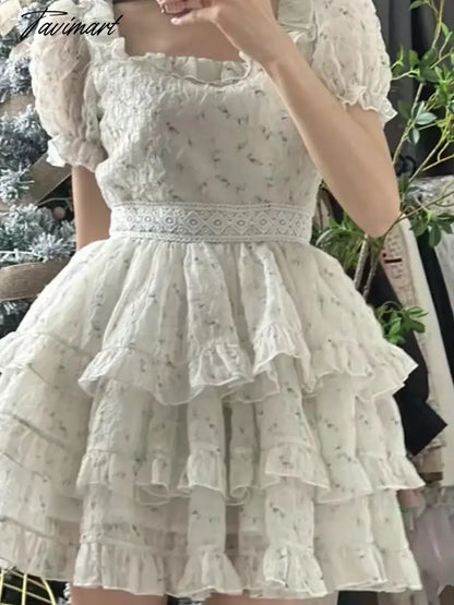 Floral Print Korean Fashion Dress Women Ruffles French Vintage Party Mini Dress Female Bubble Sleeve Retro Sweet Dress New