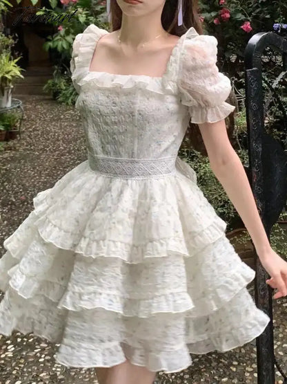 Floral Print Korean Fashion Dress Women Ruffles French Vintage Party Mini Dress Female Bubble Sleeve Retro Sweet Dress New