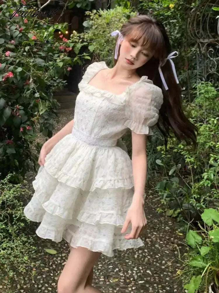 Floral Print Korean Fashion Dress Women Ruffles French Vintage Party Mini Dress Female Bubble Sleeve Retro Sweet Dress New