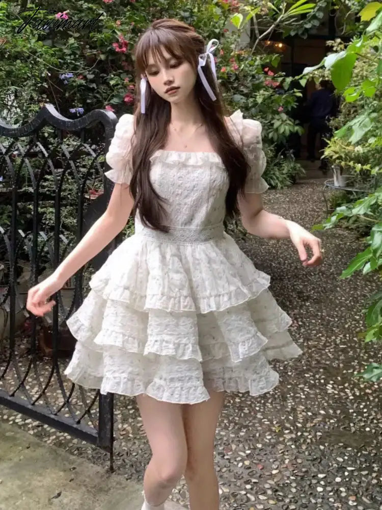 Floral Print Korean Fashion Dress Women Ruffles French Vintage Party Mini Dress Female Bubble Sleeve Retro Sweet Dress New
