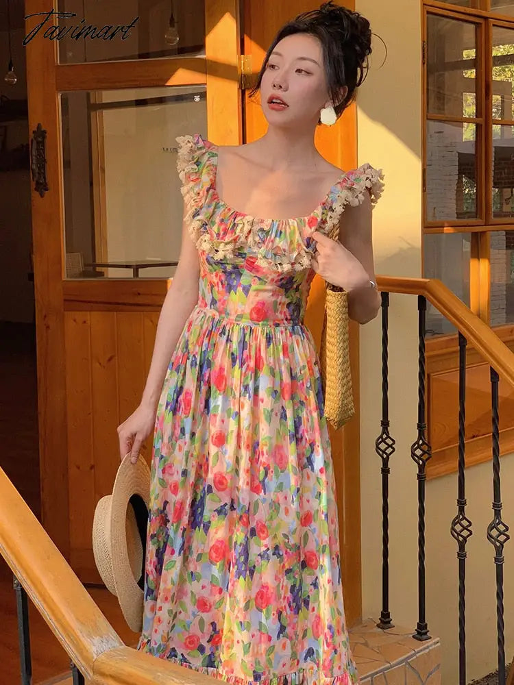 Floral Print Vintage Sweet Dress Women Ruffles French Elegant Party Long Dress Female Lace Causal Fashion Slash Neck Dress