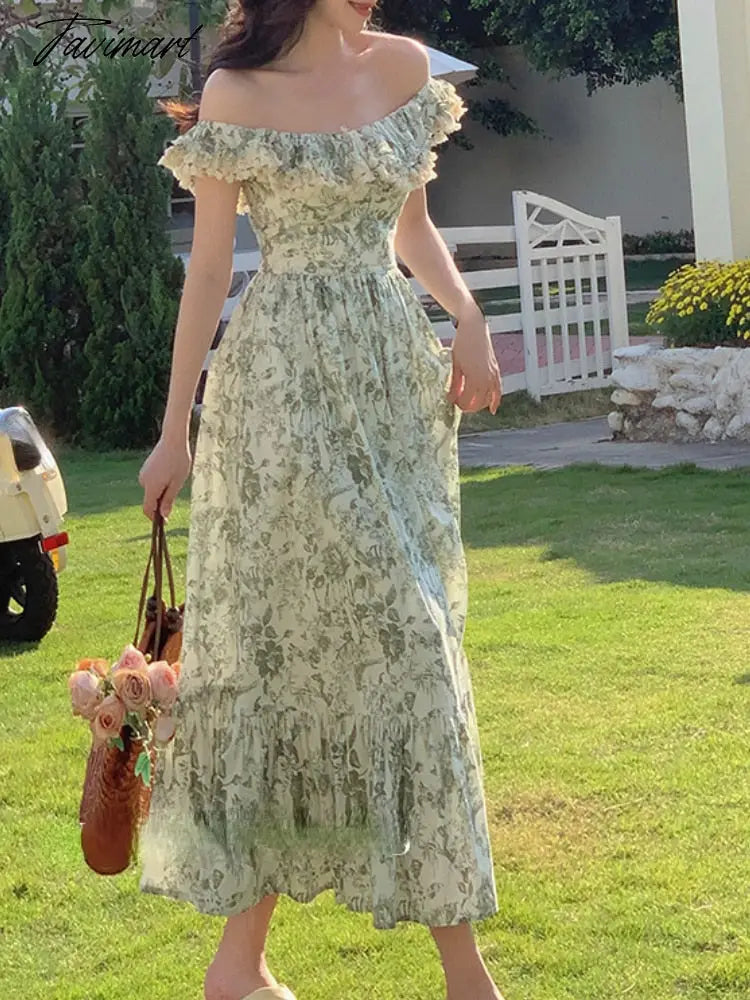 Floral Print Vintage Sweet Dress Women Ruffles French Elegant Party Long Dress Female Lace Causal Fashion Slash Neck Dress