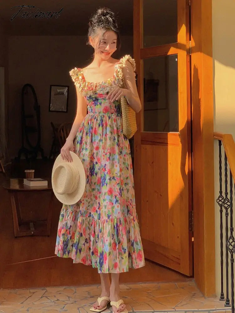 Floral Print Vintage Sweet Dress Women Ruffles French Elegant Party Long Dress Female Lace Causal Fashion Slash Neck Dress