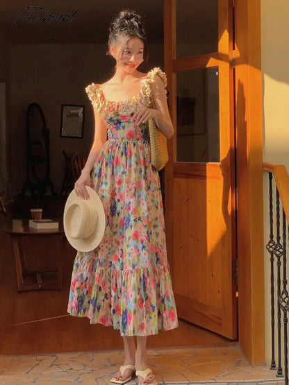 Floral Print Vintage Sweet Dress Women Ruffles French Elegant Party Long Dress Female Lace Causal Fashion Slash Neck Dress