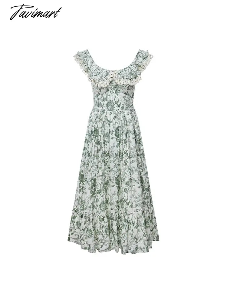 Floral Print Vintage Sweet Dress Women Ruffles French Elegant Party Long Dress Female Lace Causal Fashion Slash Neck Dress