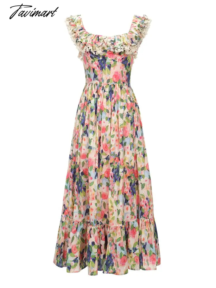 Floral Print Vintage Sweet Dress Women Ruffles French Elegant Party Long Dress Female Lace Causal Fashion Slash Neck Dress