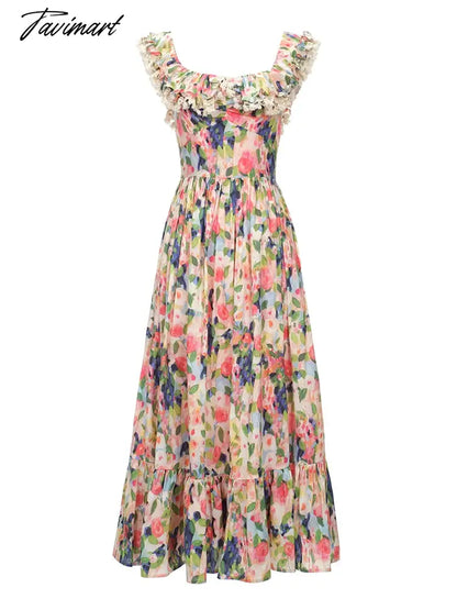 Floral Print Vintage Sweet Dress Women Ruffles French Elegant Party Long Dress Female Lace Causal Fashion Slash Neck Dress