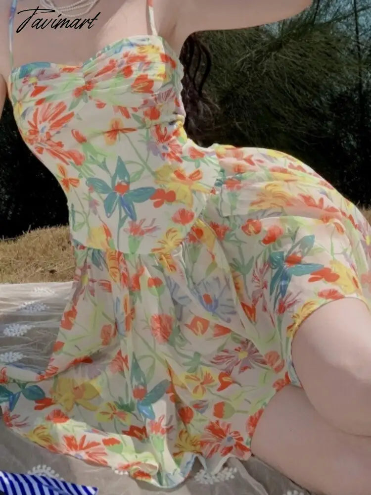 Flower Print Sundress Summer Spaghetti Straps High Waist A-line Mini Dresses Beachwear Holiday Print Short Dress Korean Vestidos