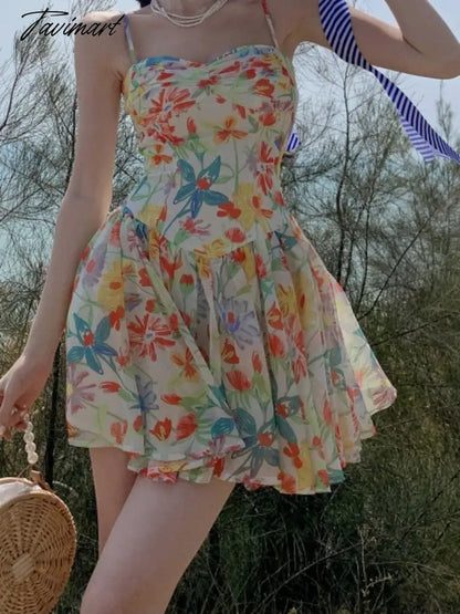 Flower Print Sundress Summer Spaghetti Straps High Waist A-line Mini Dresses Beachwear Holiday Print Short Dress Korean Vestidos