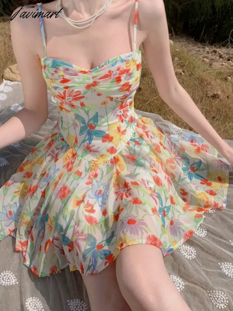 Flower Print Sundress Summer Spaghetti Straps High Waist A-line Mini Dresses Beachwear Holiday Print Short Dress Korean Vestidos