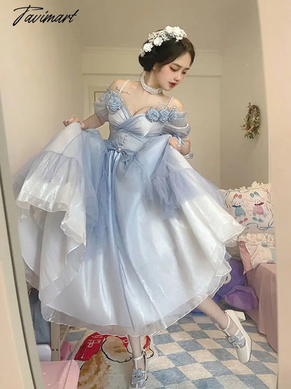 Flower Wedding Lolita Dress Light Gradient Blue Rose Fairy Princess Kawaii Sweet Elegant Lolitas Tea Party Dresses Victorian
