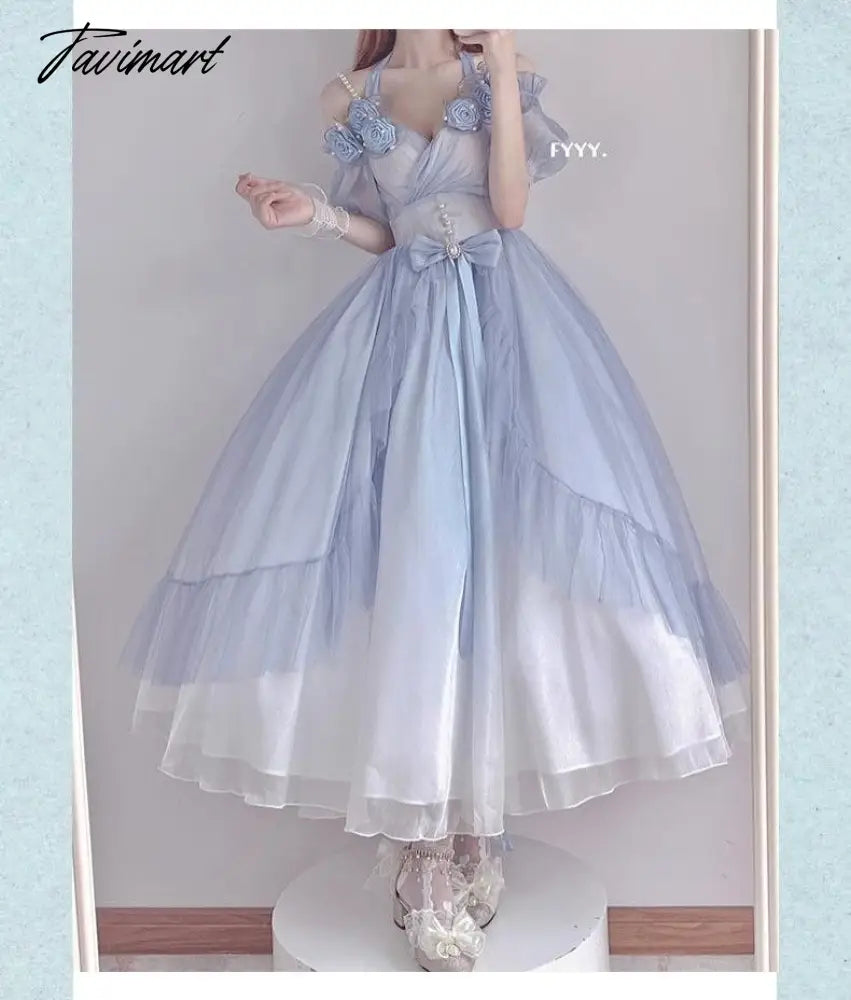 Flower Wedding Lolita Dress Light Gradient Blue Rose Fairy Princess Kawaii Sweet Elegant Lolitas Tea Party Dresses Victorian