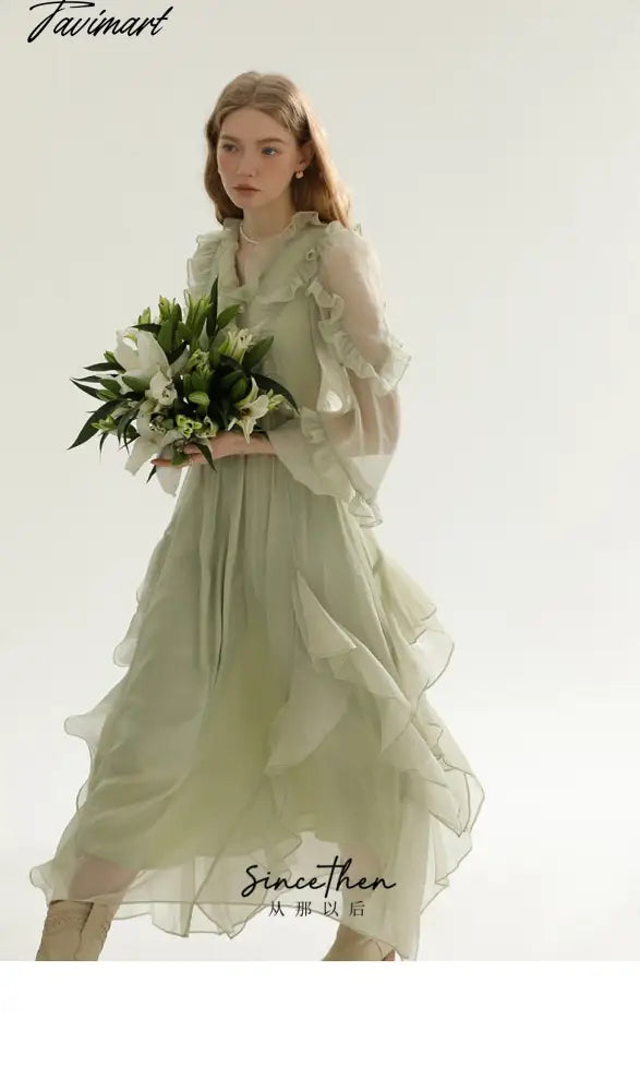 France Elegant Dress Women Ruffles Chiffon Puff Sleeve Lace Korean Fashion Evening Party Dress Summer Sweet Vintage Long Vestido