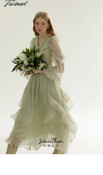 France Elegant Dress Women Ruffles Chiffon Puff Sleeve Lace Korean Fashion Evening Party Dress Summer Sweet Vintage Long Vestido