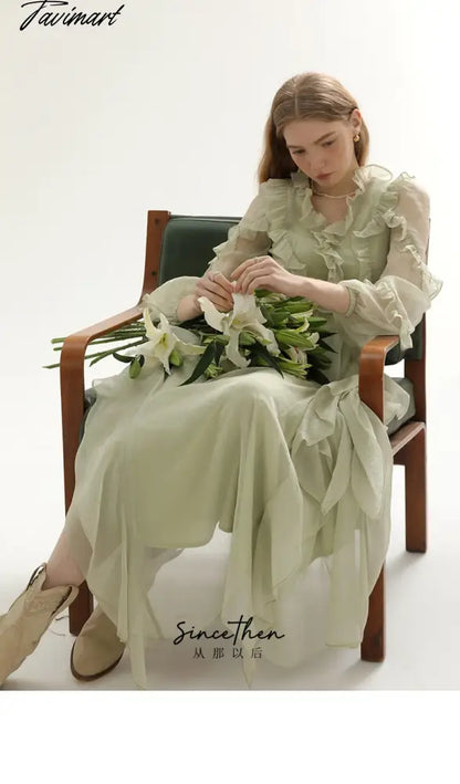 France Elegant Dress Women Ruffles Chiffon Puff Sleeve Lace Korean Fashion Evening Party Dress Summer Sweet Vintage Long Vestido