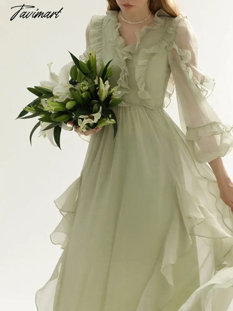 France Elegant Dress Women Ruffles Chiffon Puff Sleeve Lace Korean Fashion Evening Party Dress Summer Sweet Vintage Long Vestido