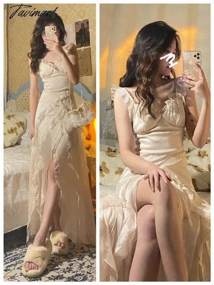 France Elegant Sexy Dress Women Solid Party Midi Dresses Female Holiday Split Designer Chic Korean Fashion Chiffon Strap Dress