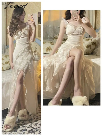 France Elegant Sexy Dress Women Solid Party Midi Dresses Female Holiday Split Designer Chic Korean Fashion Chiffon Strap Dress