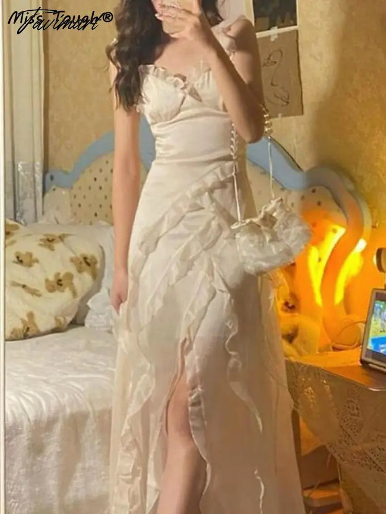 France Elegant Sexy Dress Women Solid Party Midi Dresses Female Holiday Split Designer Chic Korean Fashion Chiffon Strap Dress