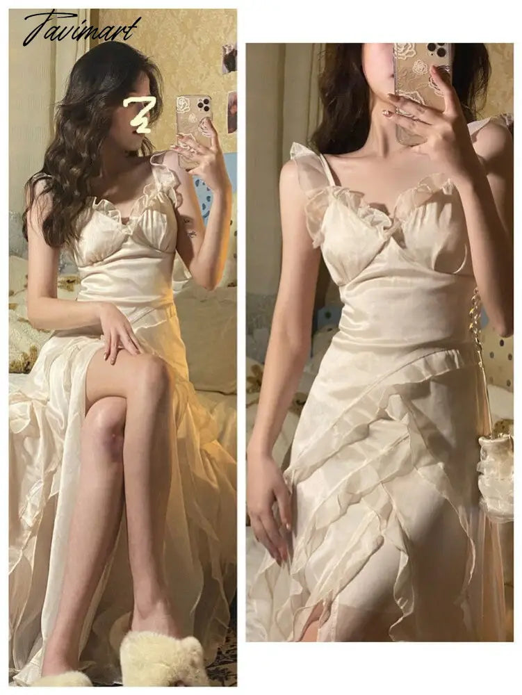 France Elegant Sexy Dress Women Solid Party Midi Dresses Female Holiday Split Designer Chic Korean Fashion Chiffon Strap Dress