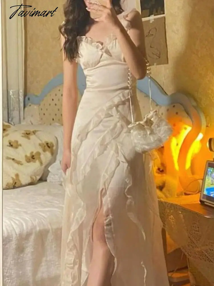 France Elegant Sexy Dress Women Solid Party Midi Dresses Female Holiday Split Designer Chic Korean Fashion Chiffon Strap Dress