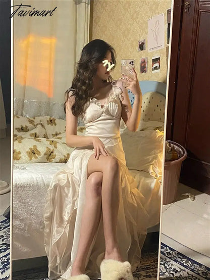 France Elegant Sexy Dress Women Solid Party Midi Dresses Female Holiday Split Designer Chic Korean Fashion Chiffon Strap Dress