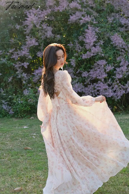 France Vintage Floral Dress Women Summer Print Party Midi Dresses Female Holiday Long Sleeve Korean Fashion Chiffon Dress