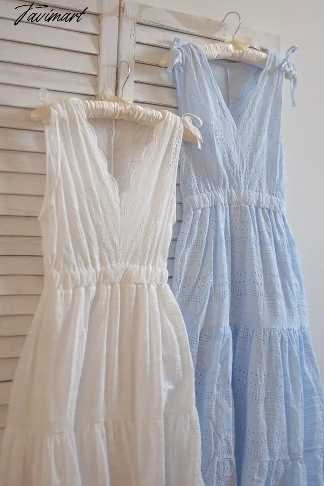 Free Shipping High Quality New Lace Cotton Embroidery Dress Summer Long Mid Calf Sleeveless White Dress Japan Style V-neck