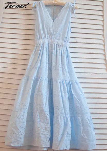 Free Shipping High Quality New Lace Cotton Embroidery Dress Summer Long Mid Calf Sleeveless White Dress Japan Style V-neck