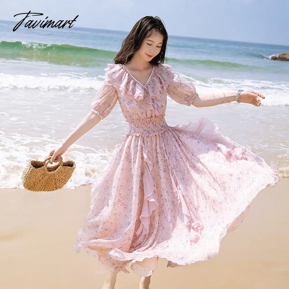 Free Shipping New Fashion Women Chiffon Long Mid-calf Short Sleeve Dresses Summer Boshow Bohemian Ruffles Dress S-L Print