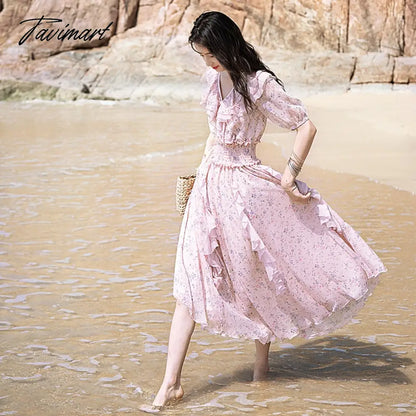 Free Shipping New Fashion Women Chiffon Long Mid-calf Short Sleeve Dresses Summer Boshow Bohemian Ruffles Dress S-L Print