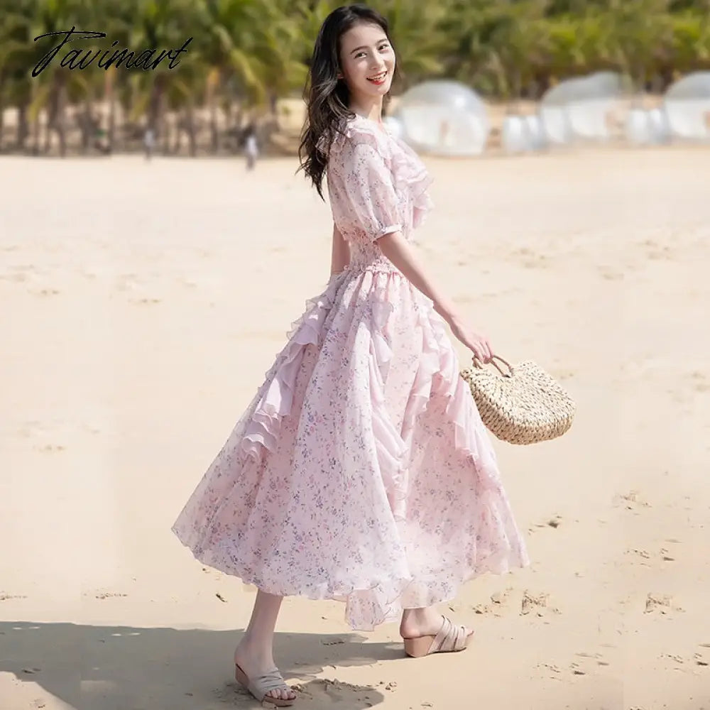 Free Shipping New Fashion Women Chiffon Long Mid-calf Short Sleeve Dresses Summer Boshow Bohemian Ruffles Dress S-L Print