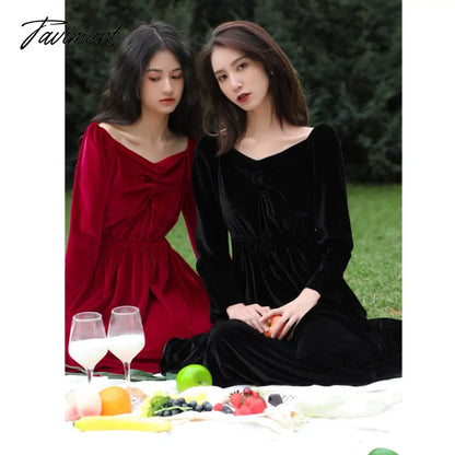 Free Shipping New Velvet Spring And Autumn Women Long Mid-calf V-neck XS-L Vintage Dresses Back And Red Beaded Dresses