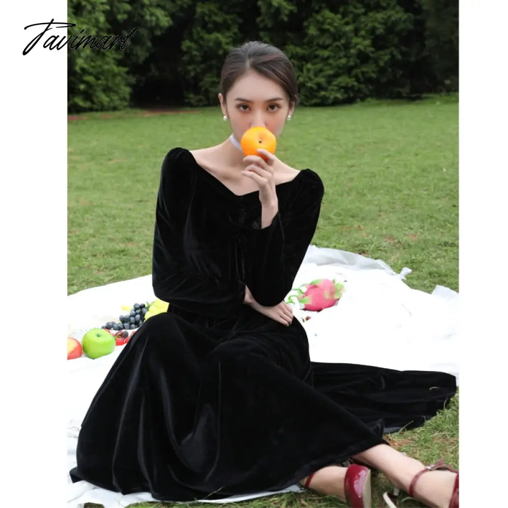 Free Shipping New Velvet Spring And Autumn Women Long Mid-calf V-neck XS-L Vintage Dresses Back And Red Beaded Dresses
