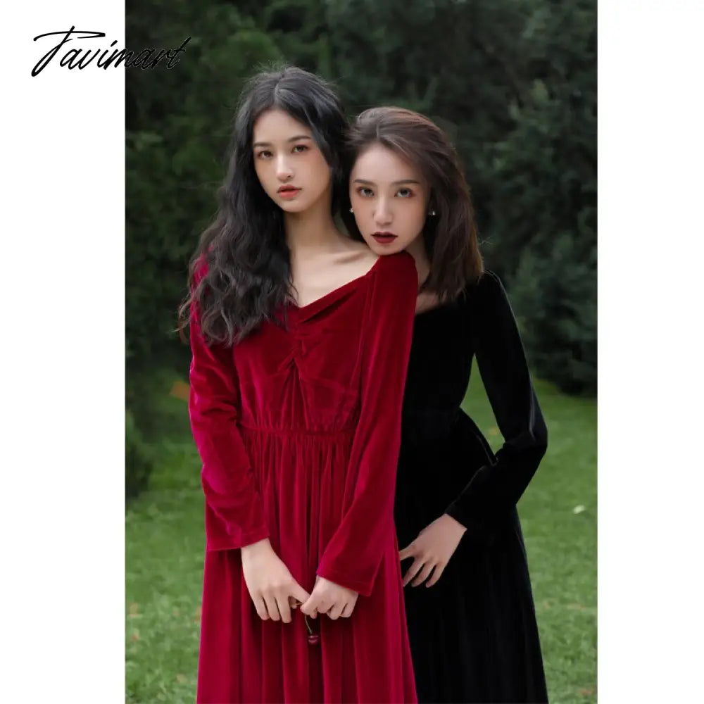 Free Shipping New Velvet Spring And Autumn Women Long Mid-calf V-neck XS-L Vintage Dresses Back And Red Beaded Dresses