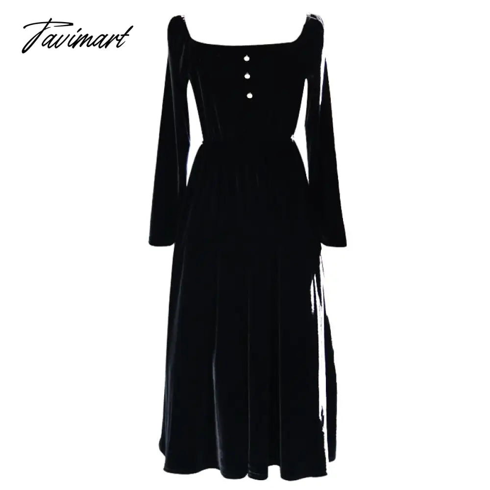 Free Shipping New Velvet Spring And Autumn Women Long Mid-calf V-neck XS-L Vintage Dresses Back And Red Beaded Dresses