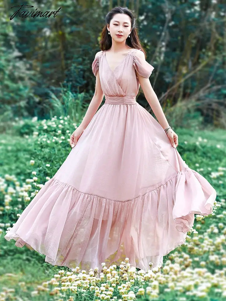 Free Shipping Women Boshow Long Maxi Short Sleeve Dress Summer Chiffon Big Hem V-neck Pink Ruffles High Waist