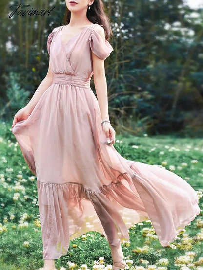 Free Shipping Women Boshow Long Maxi Short Sleeve Dress Summer Chiffon Big Hem V-neck Pink Ruffles High Waist