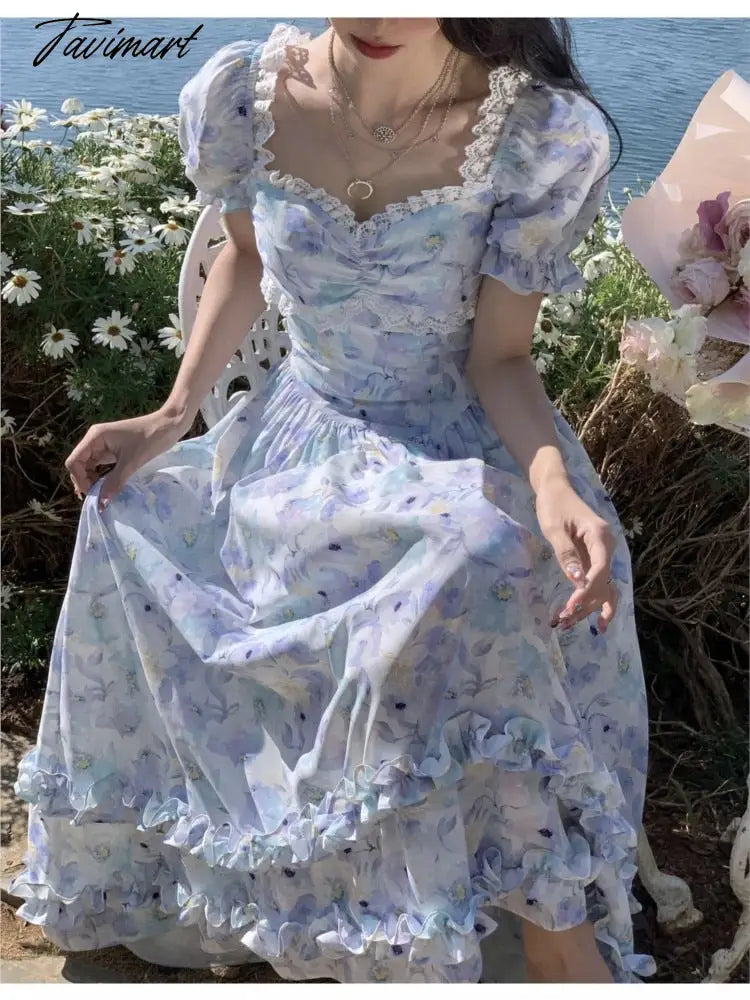 French Elegant Evening Party Dress Woman Caual Beach Print Floral Midi Dress Vintage Korean Fashion Summer Boho Fairy Dress