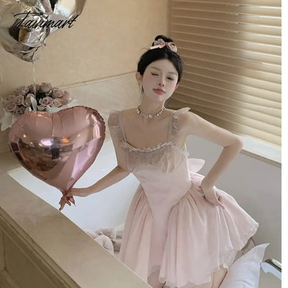 French High Waist Strap Dress Women Fairy Summer Short Pink Party Princess Puffy Dress Evening Dresses Vestidos De Mujer