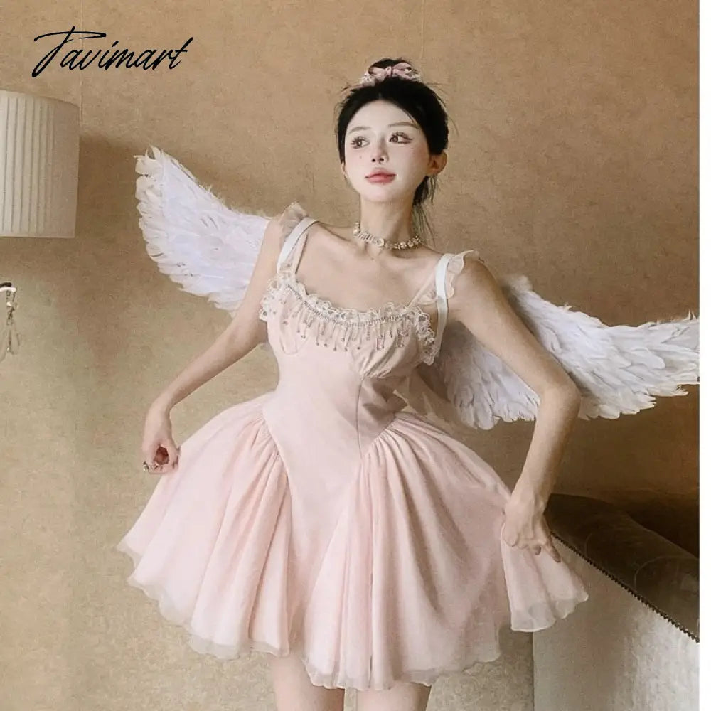 French High Waist Strap Dress Women Fairy Summer Short Pink Party Princess Puffy Dress Evening Dresses Vestidos De Mujer