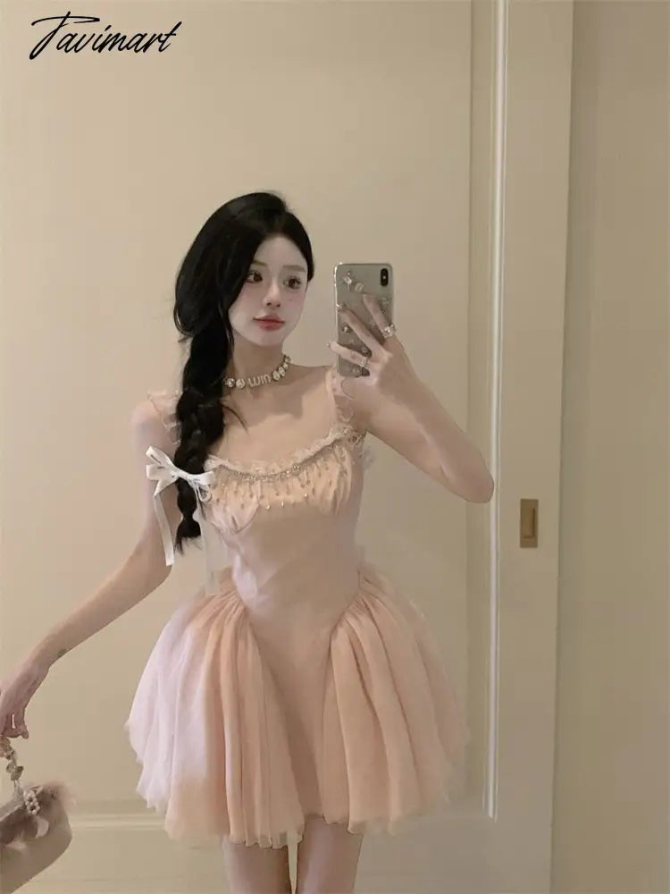 French High Waist Strap Dress Women Fairy Summer Short Pink Party Princess Puffy Dress Evening Dresses Vestidos De Mujer