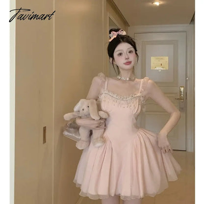 French High Waist Strap Dress Women Fairy Summer Short Pink Party Princess Puffy Dress Evening Dresses Vestidos De Mujer