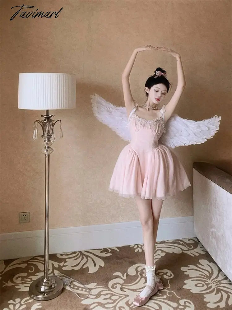 French High Waist Strap Dress Women Fairy Summer Short Pink Party Princess Puffy Dress Evening Dresses Vestidos De Mujer