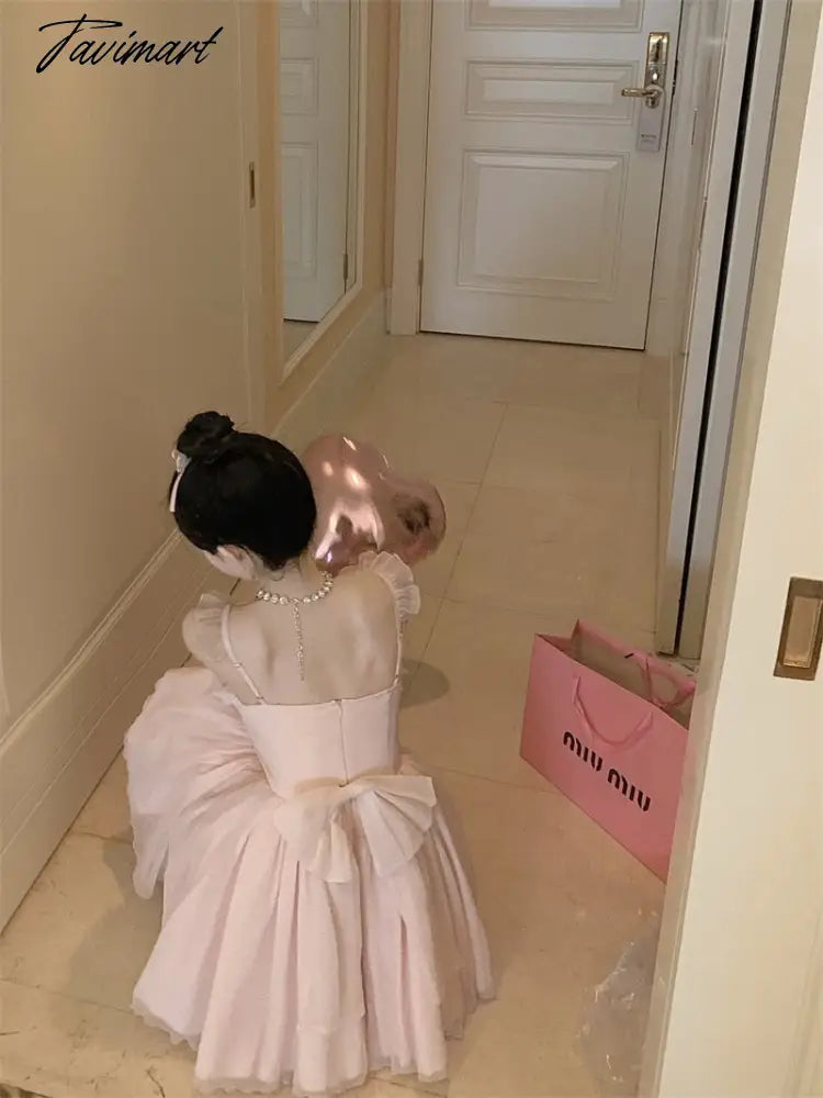 French High Waist Strap Dress Women Fairy Summer Short Pink Party Princess Puffy Dress Evening Dresses Vestidos De Mujer
