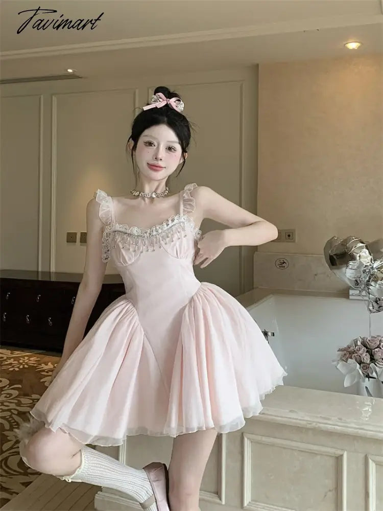 French High Waist Strap Dress Women Fairy Summer Short Pink Party Princess Puffy Dress Evening Dresses Vestidos De Mujer