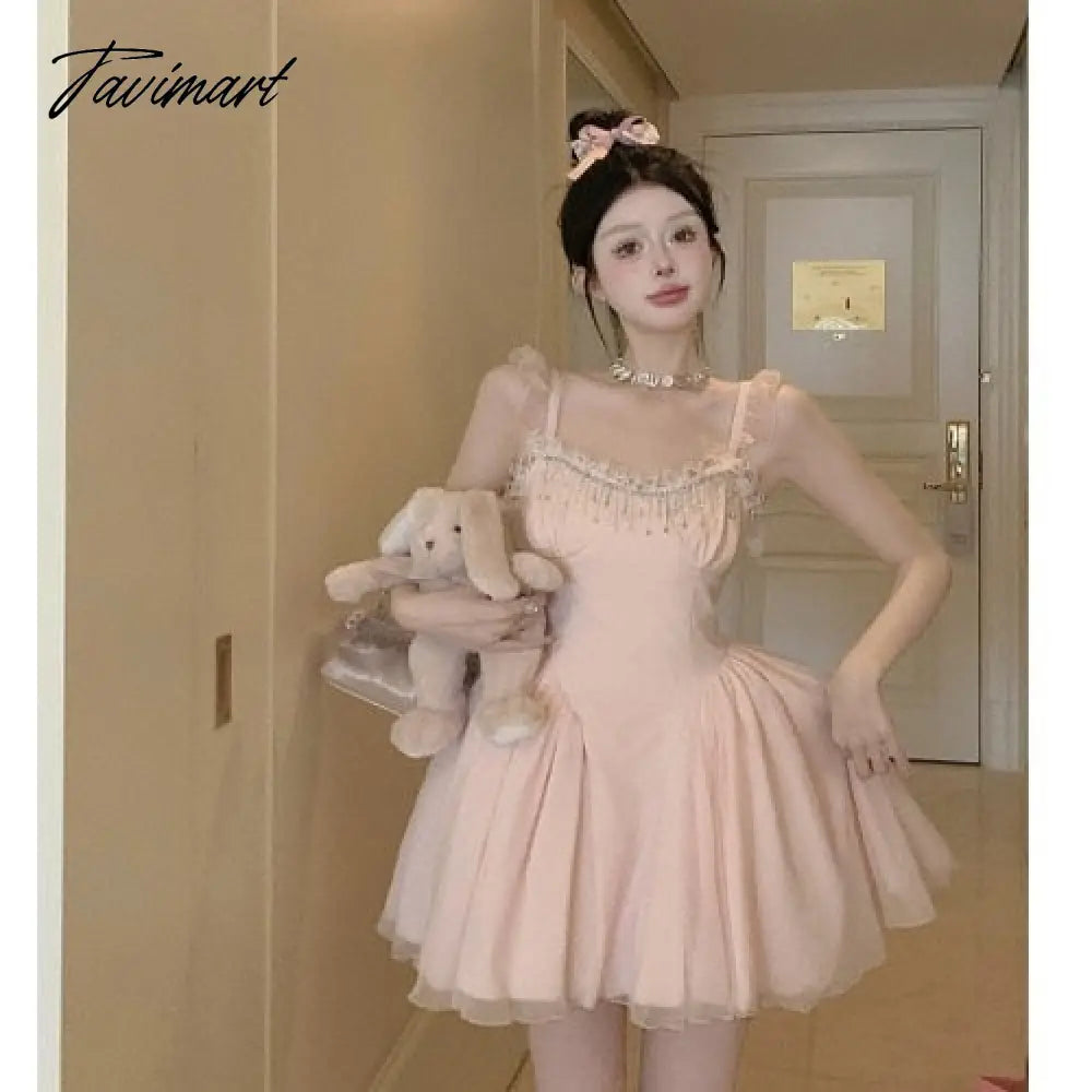 French High Waist Strap Dress Women Fairy Summer Short Pink Party Princess Puffy Dress Evening Dresses Vestidos De Mujer