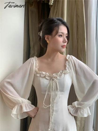 French Off The Shoulder White Elegant Dress Autumn Women Bandage Retro Party Mini Dress Lady Designer Dress Women Clothing