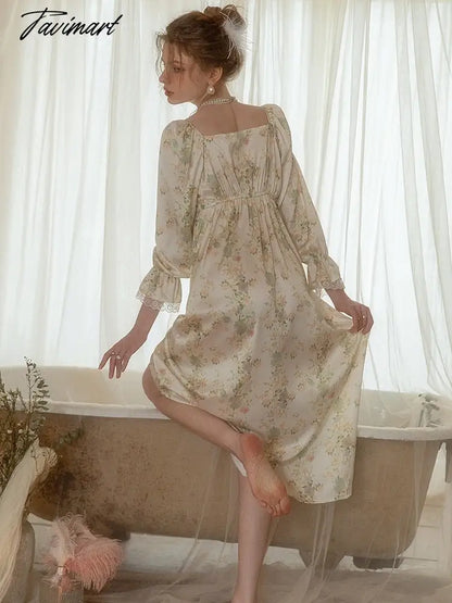 French Sexy Pajamas Female Ice Silk Nightgown with Chest Pad Home Clothes Long Sleeve V-Neck Nightdress Printed Home Clothes
