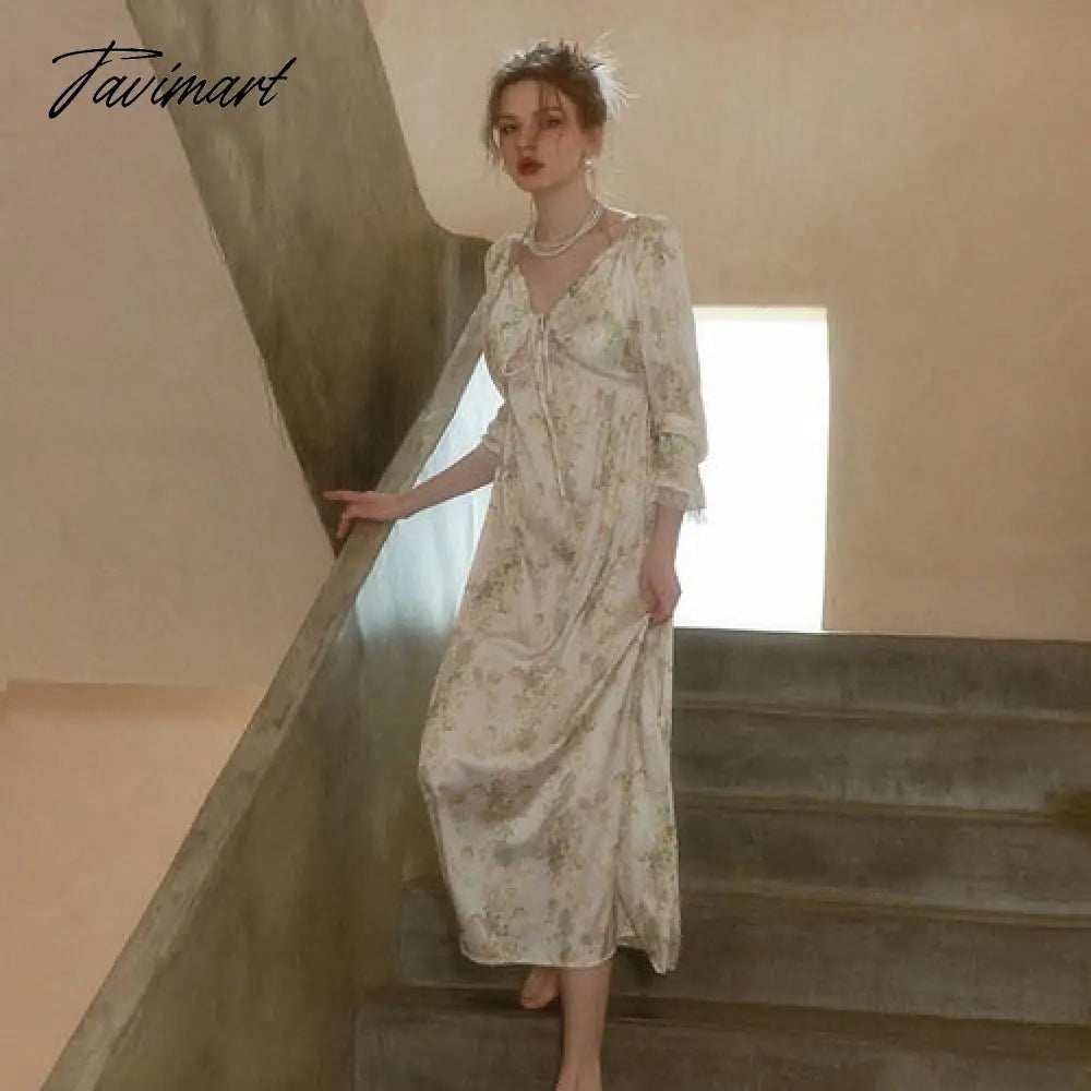 French Sexy Pajamas Female Ice Silk Nightgown with Chest Pad Home Clothes Long Sleeve V-Neck Nightdress Printed Home Clothes